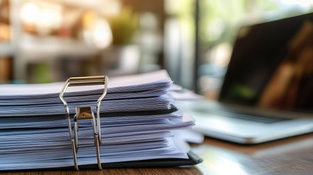 Office desk scene with a stack of papers secured by a large metal clip, with blurred laptop in the backgroundの素材