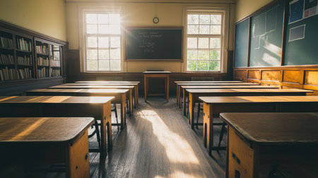 Empty classroom with wooden desks, chalkboard at the front, and soft natural light, creating an academic and nostalgic atmosphereの素材