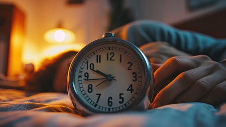 Digital alarm clock in focus with a blurred sleepy person reaching to turn it off in the backgroundの素材