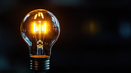 Glowing LED bulb with warm light radiating softly, captured on dark black background, symbolizing clean and efficient energyの素材