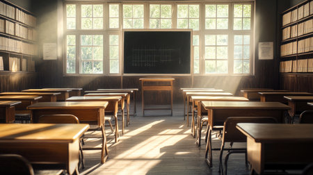 Empty classroom with wooden desks, chalkboard at the front, and soft natural light, creating an academic and nostalgic atmosphereの素材
