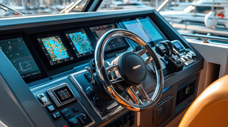 Elegant chrome and leather steering wheel on a motor yacht, surrounded by advanced navigation screens, marina in the backgroundの素材