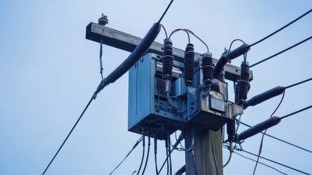 Detailed shot of a power pole transformer with multiple cables connected, clear sky for backdropの素材