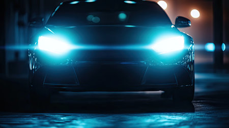 Front view of modern car headlights shining through darkness, lens flare adding cinematic atmosphereの素材