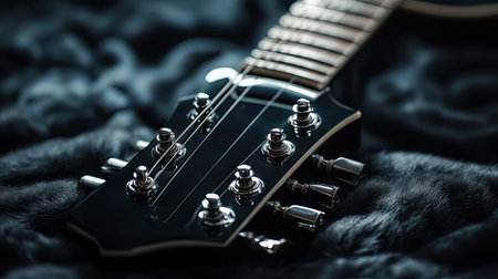 Headstock of a classic electric guitar with chrome tuners, dramatic lighting over a dark textured backdropの素材