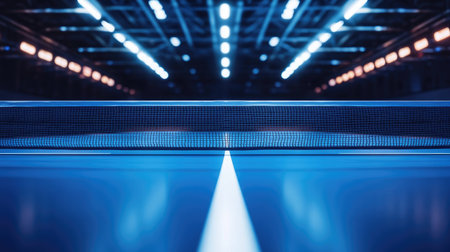 Ping-pong net on a competition table, with bright overhead lights creating a professional tournament atmosphereの素材
