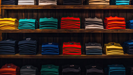 Neatly folded t-shirts in multiple colors, stacked on shelves with soft lighting highlighting textures and clean arrangementの素材