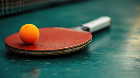 Table tennis paddle with red rubber surface holding an orange ball, lying diagonally on a green table under bright lightingの素材