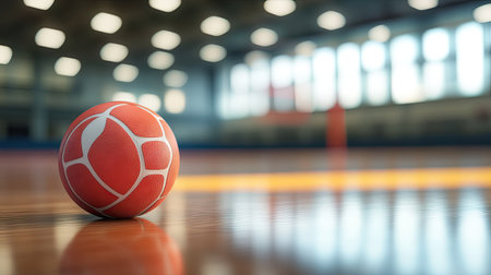 Indoor sports hall with a handball resting on polished floor, goal post blurred in the background, symbolizing team practiceの素材