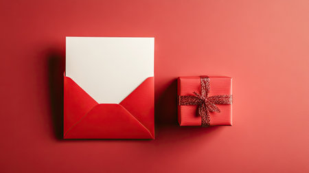 Minimalist composition featuring a blank card inside a red envelope next to a square gift box, soft shadows creating an elegant lookの素材