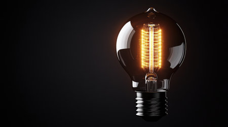 LED bulb with visible filaments shining brightly on black background, creating a dramatic and futuristic lighting effectの素材