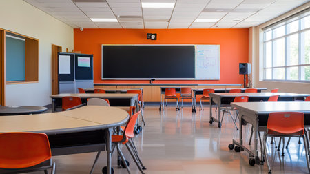 Empty modern classroom with smartboard, ergonomic chairs, and bright lighting, representing innovative learning facilitiesの素材