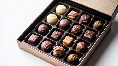 Premium Dubai chocolate gift box opened with assorted pieces inside, isolated on a bright white background for luxury product presentationの素材