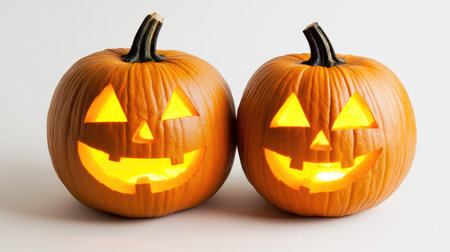 Pair of glowing jack-o'-lanterns with eerie smiles, isolated on a crisp white backdropの素材
