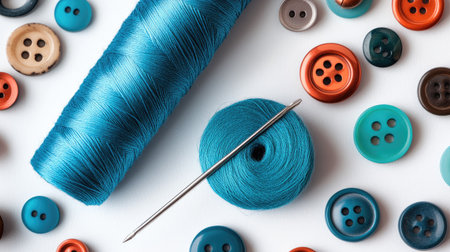Sewing needle resting on a skein of blue thread surrounded by an assortment of buttons on a clean white backgroundの素材