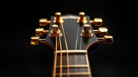 Minimalist composition of an acoustic guitar headstock, golden tuning pegs glowing subtly against blackの素材