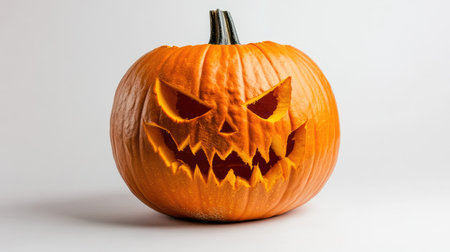 Medium-sized pumpkin with menacing carved face, studio lighting on white background highlighting textureの素材