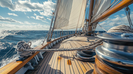 Sailboat deck showing winch and taut rope under tension, sails catching the wind on a sunny day at seaの素材