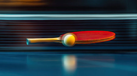 Table tennis paddle in motion about to strike a ball, with dramatic lighting and shallow depth of fieldの素材