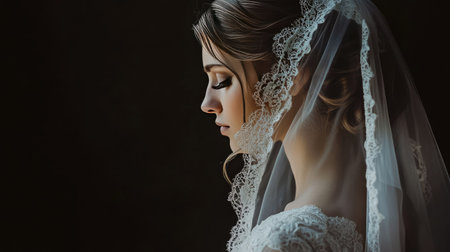 Side view of bride's intricate hairstyle with flowing curls beneath a lace-trimmed veil, softly lit to emphasize elegance and romanceの素材