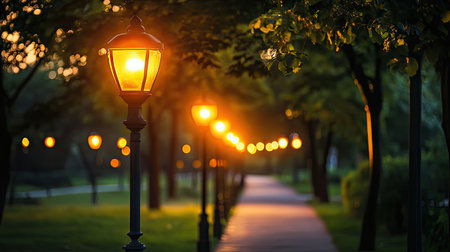 LED street lamps lining a city park pathway, ambient evening light blending with the last glow of the sunsetの素材