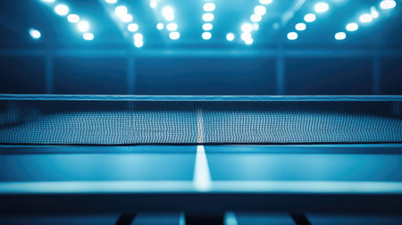Ping-pong net on a competition table, with bright overhead lights creating a professional tournament atmosphereの素材