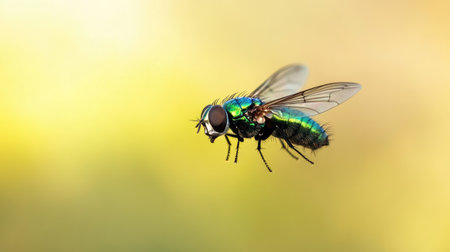 Green bottle fly in flight, wings blurred from motion, metallic body sharply in focus, against a soft natural backgroundの素材