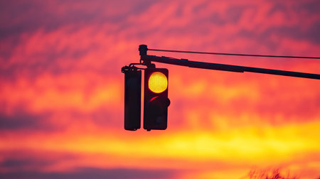 Hanging traffic light with yellow signal on, silhouetted against a vivid orange and pink sunset skyの素材