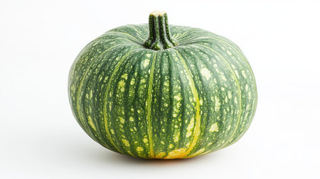 Fresh organic green pumpkin with subtle surface patterns, isolated against a bright white backdropの素材