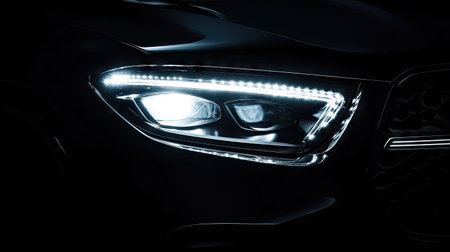 Modern SUV headlights beaming in the night, aggressive design lines emphasized by the dark surroundingsの素材