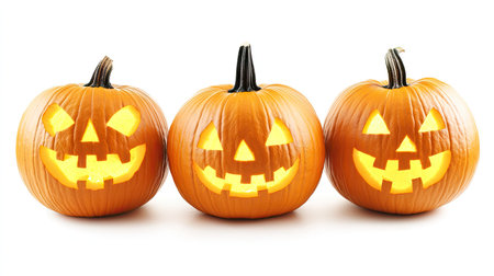 Three Halloween pumpkins with carved spooky faces, glowing inside, isolated on a clean white backgroundの素材