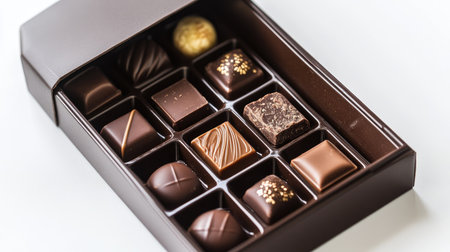 Premium Dubai chocolate gift box opened with assorted pieces inside, isolated on a bright white background for luxury product presentationの素材