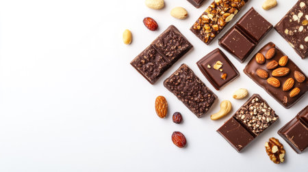 Selection of handcrafted Dubai chocolate pieces with nuts and dates, beautifully arranged on a pure white background, representing fusion flavorsの素材