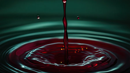 Red wine mid-pour, droplets and ripples visible, set against a dark green background for a luxurious feelの素材