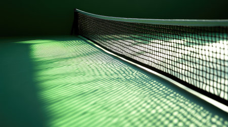 Side view of a ping-pong net dividing a green table, with sunlight casting soft shadows on the playing surfaceの素材