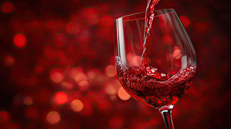 Dramatic close-up of wine pouring into glass, liquid swirling inside, deep burgundy backgroundの素材