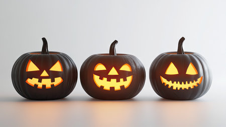 Set of three spooky pumpkins with glowing interiors, arranged neatly on a white studio backgroundの素材