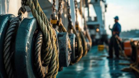 Perspective shot along the deck showing multiple winches, ropes, and a crew member working in the backgroundの素材