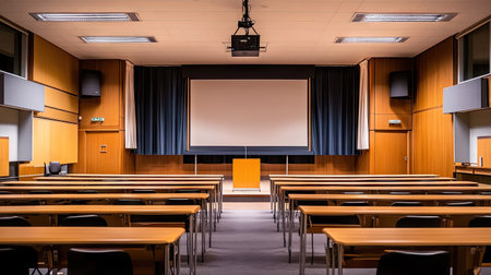 Quiet university lecture room with long tables, academic podium, and projector screen, absent of students, ready for sessionの素材
