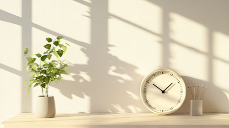 Stylish modern alarm clock with dimmable LED display, placed against a neutral-toned minimalist wallの素材