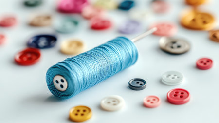 Sewing needle resting on a skein of blue thread surrounded by an assortment of buttons on a clean white backgroundの素材
