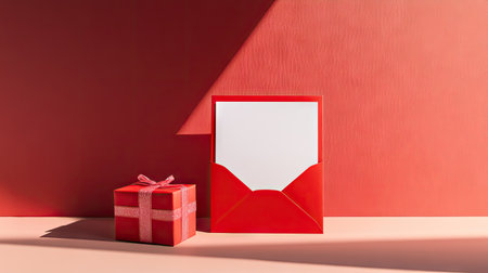 Minimalist composition featuring a blank card inside a red envelope next to a square gift box, soft shadows creating an elegant lookの素材