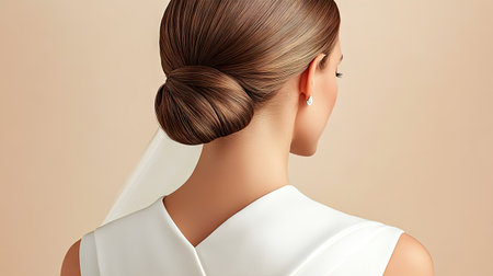 Minimalist bridal look with sleek hair tied in low bun, veil draped gracefully over shoulders, symbolizing simplicity and eleganceの素材
