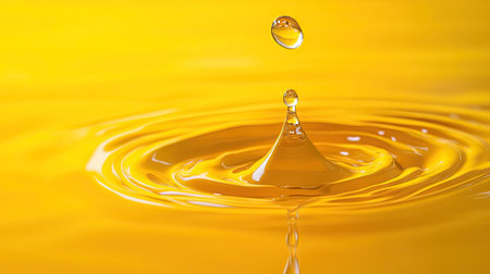Realistic yellow water drop captured in high detail, showing smooth curvature and inner light reflectionsの素材