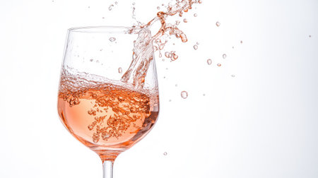 Ros wine cascading into a tall glass, splashes captured sharply against a minimal white backgroundの素材