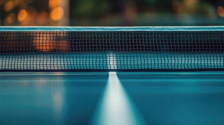 Perspective view along a ping-pong table with the net in sharp focus and background fading into blurの素材