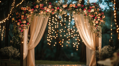 Romantic wedding arch decorated with cascading roses, silk drapes, and fairy lights, creating a luxurious and dreamy atmosphereの素材
