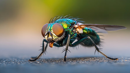 Side profile close-up of a green bottle fly with glistening metallic abdomen and large compound eyes, captured with shallow depth of fieldの素材