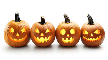Group of Halloween pumpkins with scary expressions, lit from within, isolated on pure whiteの素材