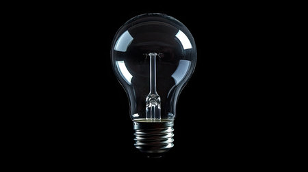 Side view of LED bulb with metallic base and clear glass, isolated against a black background, representing technology and inventionの素材